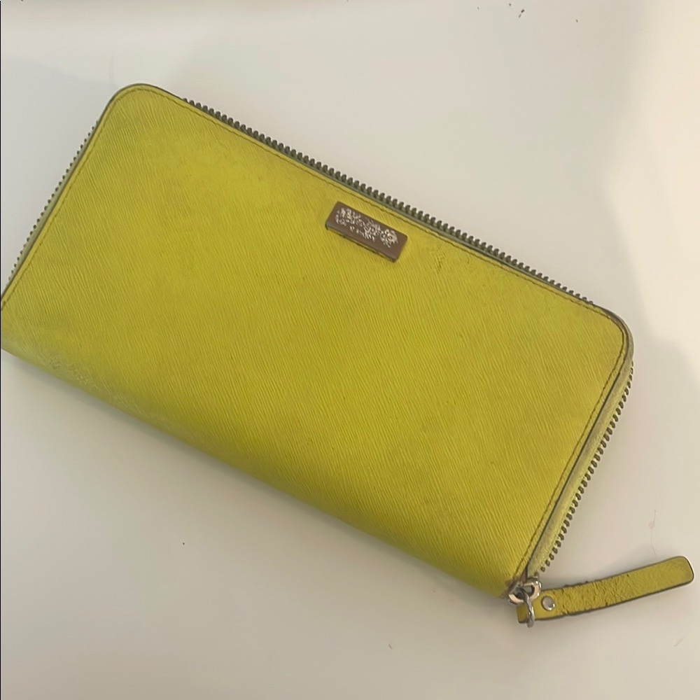 Kate Spade Neon Yellow/Green Wallet with Silver Zipper